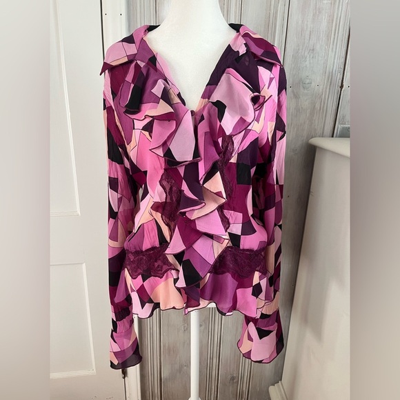 VTG Y2K petal pink lace ruffle flutter sleeve drop waist top size XL coquette - Picture 1 of 14